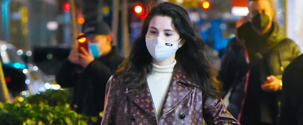 Selena Gomez Wearing Logo-Covered Louis Vuitton Coat in NYC