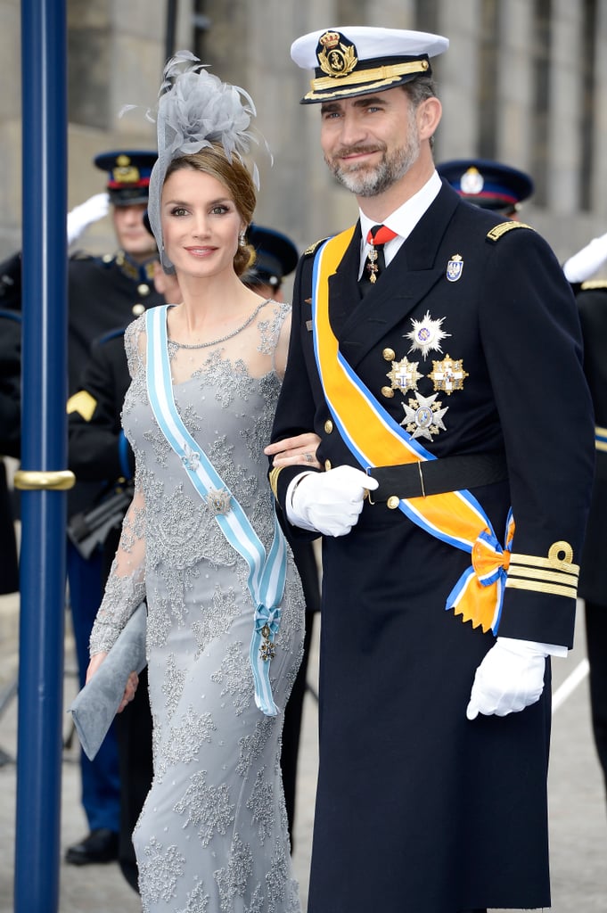 Princess Letizia of Spain wore a gray feathered hat to the inauguration of King Willem Alexander in April.