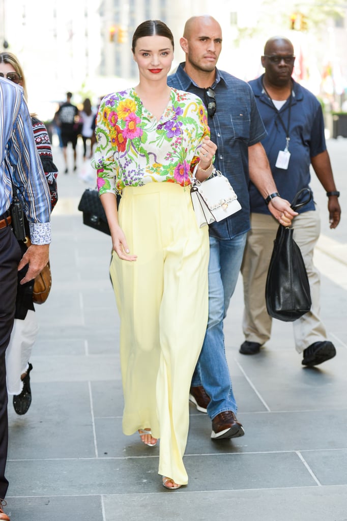 Miranda Kerr Wore a Floral Top With Yellow Trousers