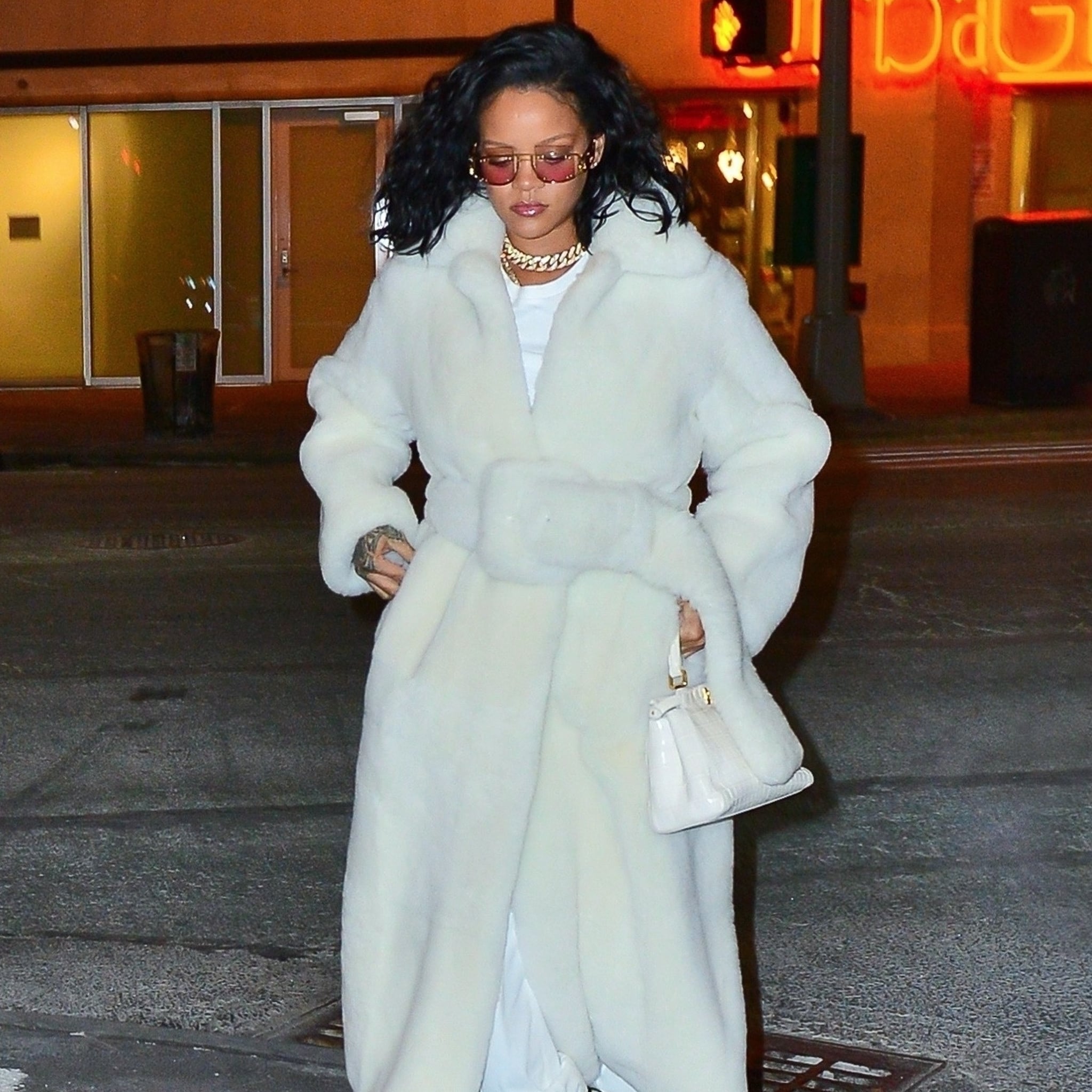 Rihanna s White C line Fur Coat February 2019 POPSUGAR Fashion UK