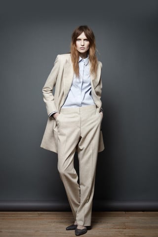 >> Mary-Kate and Ashley Olsen have always maintained a streamlined approach for The Row and their Pre-Fall collection only nails down that very notion. "But we nipped everything a bit,” said Ashley, “and made things sexier.” Injecting a '70s feel from looking at old images of Bianca Jagger, the duo created silky blazers complete with oversize lapels and maxi gowns; leather skinnies added a modern flair. And: "We had a lot of fun with skins and fur," Ashley added. The ultimate throwback touch? Dresses were paired over pants, flared trousers in this case, to evoke an upscale daytime look.