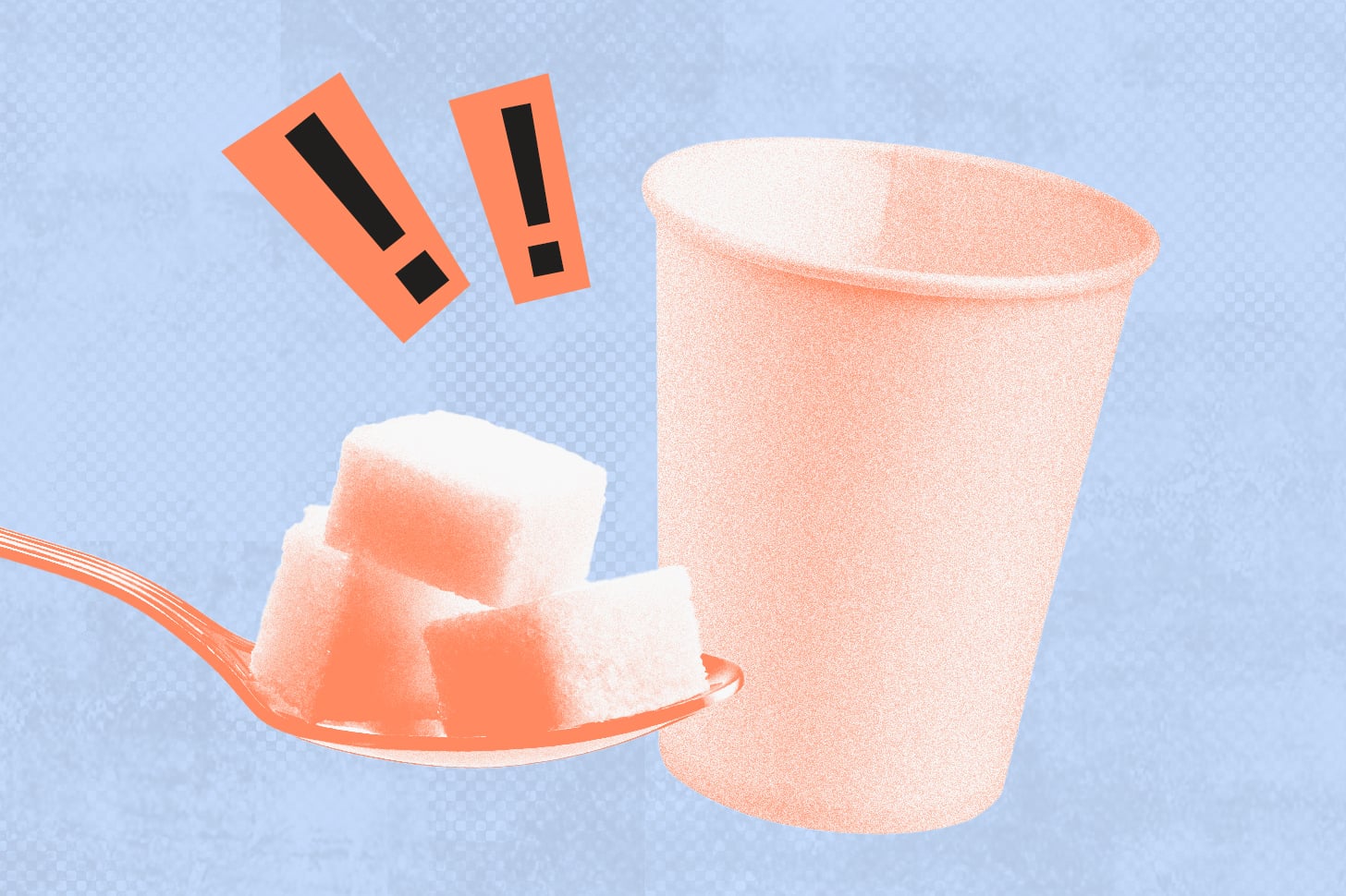 Spoon full of sugar next to white paper cup on blue background. 