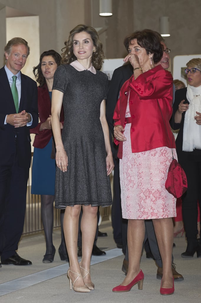 Queen Letizia Stepped Out at the Re-Conociendo El Patrimonio Español En Europa Exhibition Wearing a Peter Pan Collar Dress