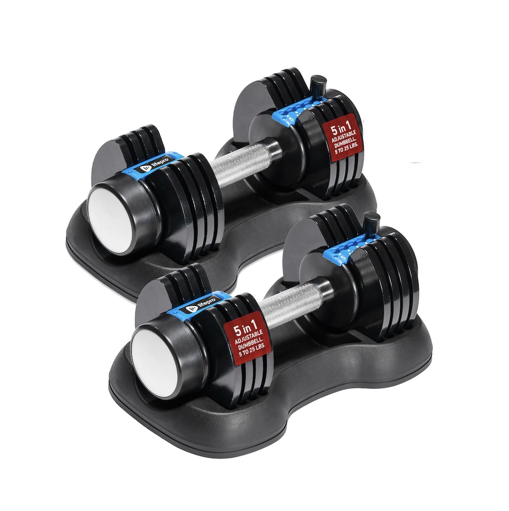 Lifepro Adjustable Dumbbell Set ($190)
This innovative design is truly the best of both worlds as it offers maximum options with limited space. While these look like two average dumbbells, you can alternate the amount of plates on either side to adjust the weight. Starting as low as five pounds and going up to 25 pounds, you can achieve the versatility of a weight rack in any tight space.
