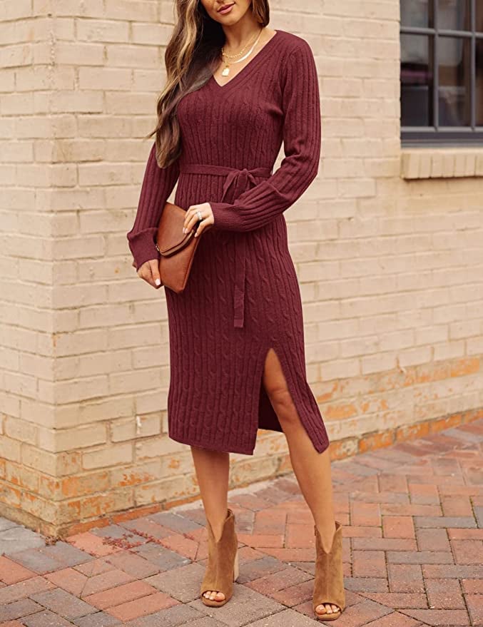 Sweater Dress: Merokeety V Neck Cable Knit Sweater Dress