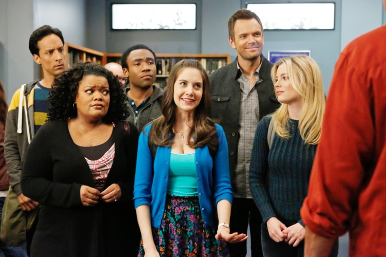 COMMUNITY, l-r: Danny Pudi, Yvette Nicole Brown, Donald Glover, Alison Brie, Joel McHale, Gillian Jacobs in 'Basic Human Anatomy' (Season 4, Episode 11, aired April 25, 2013), 2009-, ph: Vivian Zink/NBC/courtesy Everett Collection