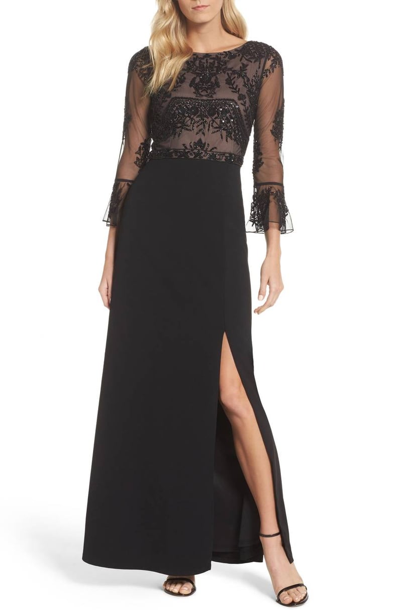 Adrianna Papell Embellished Ruffle Sleeve Mesh & Crepe Gown