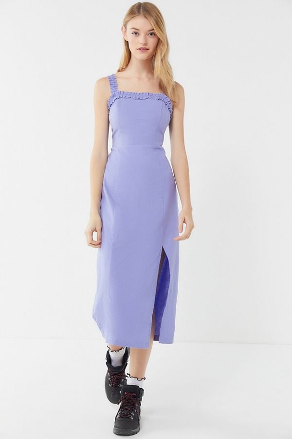 UO Remy Linen Ruffle Square-Neck Midi Dress