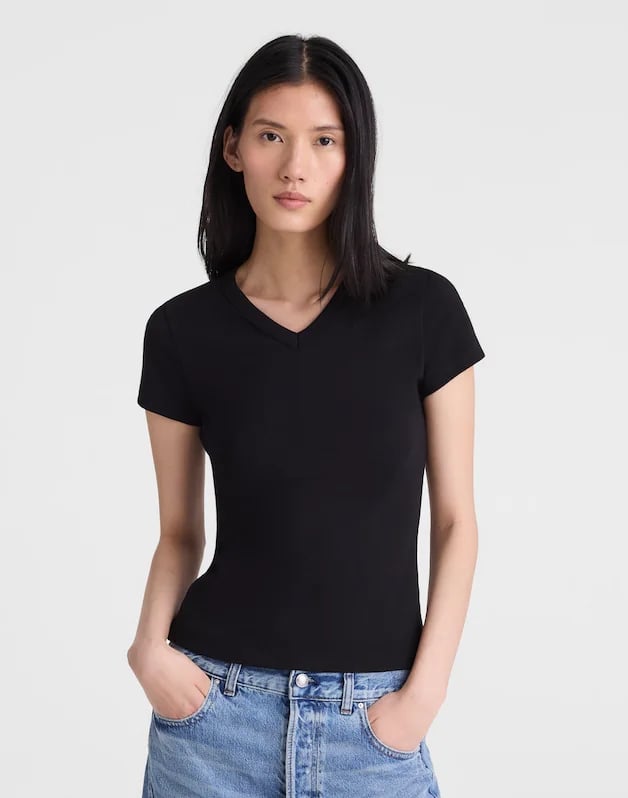 Madewell The '90s V-Neck Baby Tee ($34, originally $45)
This elevated basic reminds me of peak-'90s effortless fashion. The chic cut adds an edge to even the most simple outfits with little to no effort required. Pair it with your favorite pair of jeans or a silk skirt for an easy everyday look.