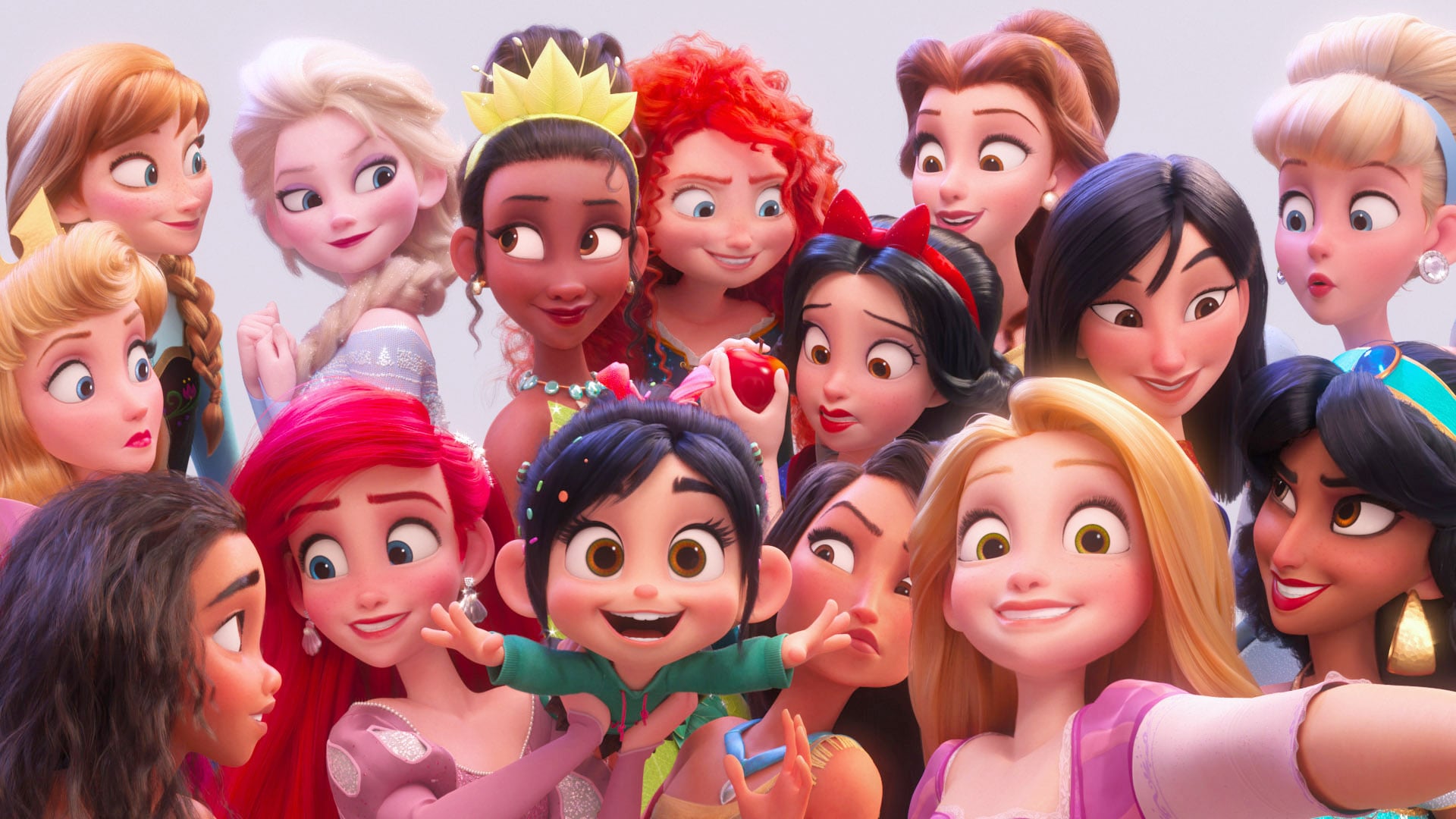 RALPH BREAKS THE INTERNET, (aka RALPH BREAKS THE INTERNET: WRECK-IT RALPH 2), top 6 from left: Anna, Elsa, Tiana, Merida, Belle, Cinderella; middle 3 from left: Aurora, Snow White, Mulan; bottom 6 from left: Moana, Ariel, Vanellope, Pocahontas, Rapunzel, Jasmine, 2018.  Walt Disney Studios Motion Pictures / courtesy Everett Collection