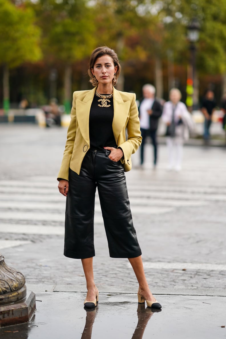 Leather Pants Outfit Idea: Leather Bermuda Shorts + Blazer