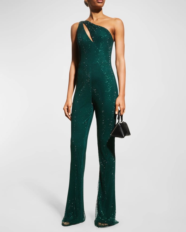 Jovani One-Shoulder Rhinestone Chain Mail Jumpsuit