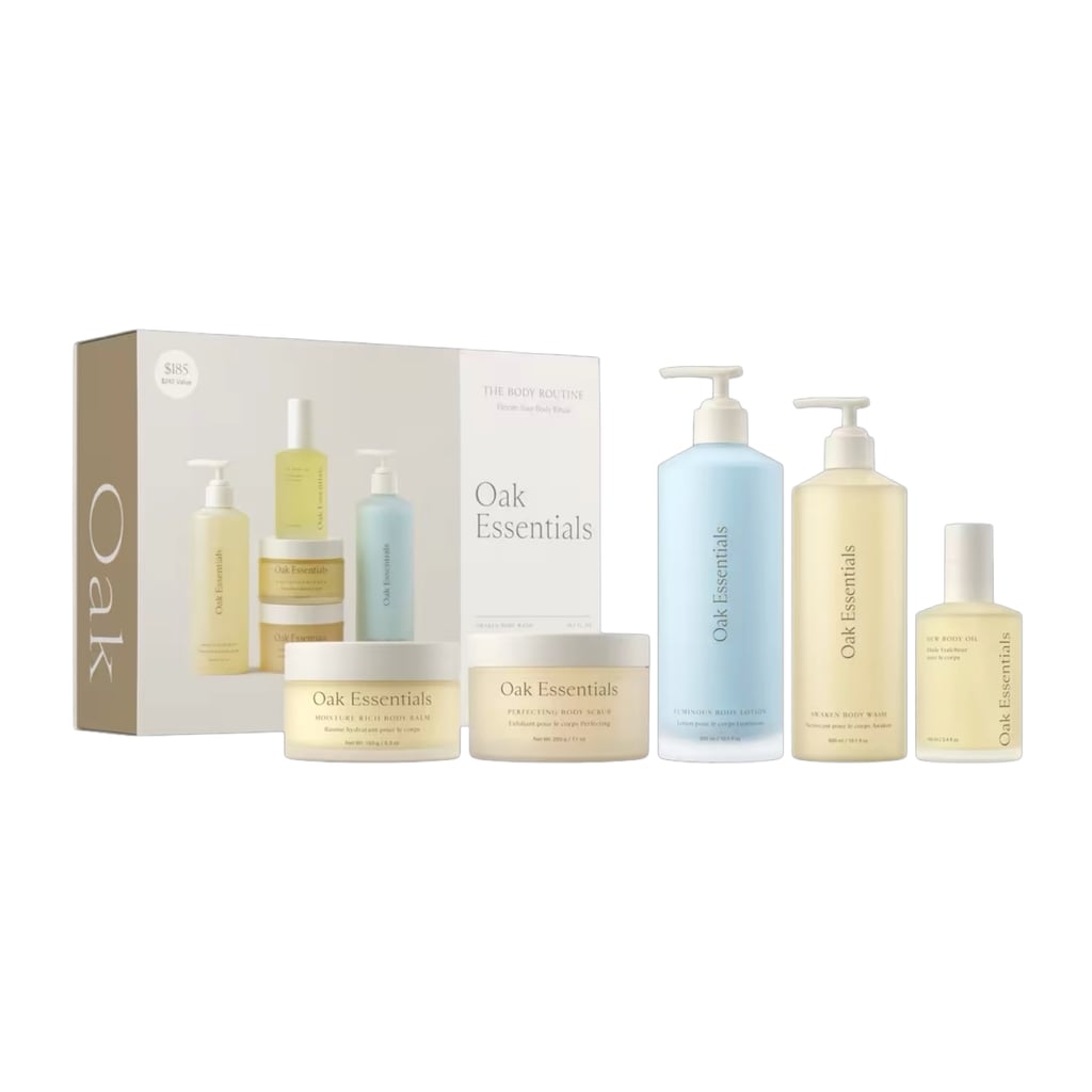 Oak Essentials The Body Routine Set ($195)
Oak Essentials, the sister brand of Jenni Kayne, has amazing skin and body-care formulas that bring the minimalist, clean vibe of the fashion brand to your medicine cabinet. The Body Routine Set contains five full-sized best-selling products: the Awaken Body Wash, Perfecting Body Wash, Dew Body Oil, Luminous Body Lotion, and Moisture Rich Body Balm. The body oil and lotion are the key to soft, supple, hydrated skin all winter long, and the body balm is great for spot treating ultra dry patches like elbows, feet, and cuticles. All of the products have a luxurious but light scent that anyone will love.