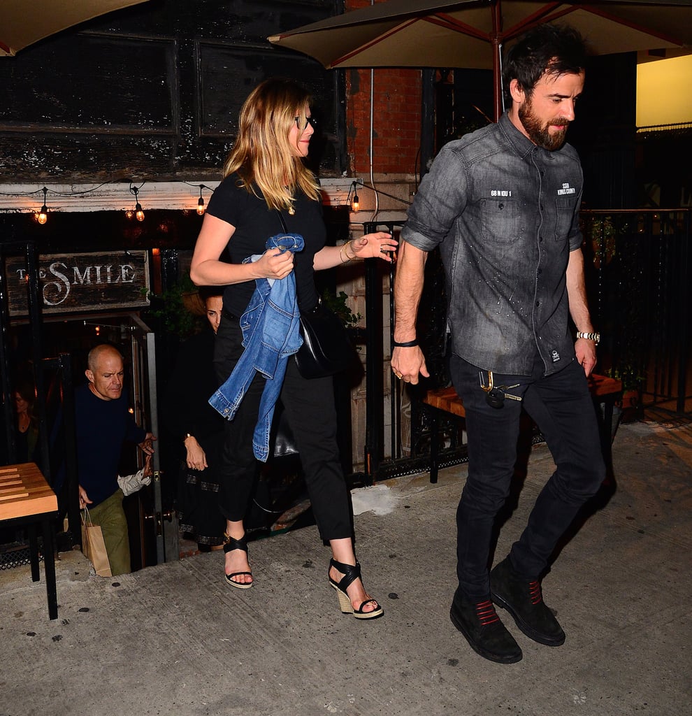 She Paired a Black Tee With Tailored Pants and Espadrille Wedges