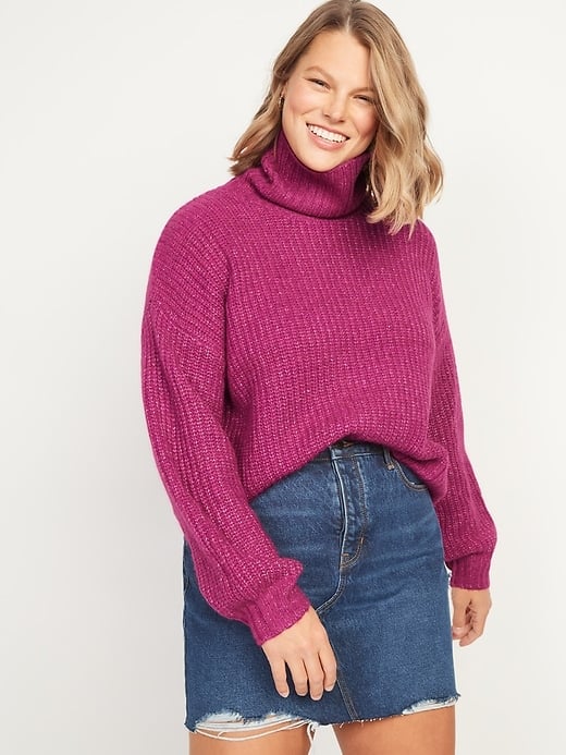 Heathered Shaker-Stitch Turtleneck Sweater