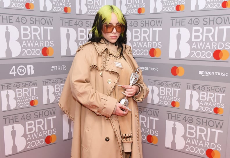 LONDON, ENGLAND - FEBRUARY 18: (EDITORIAL USE ONLY)  Billie Eilish, winner of the Best International Female Solo Artist award, poses in the winners room at The BRIT Awards 2020 at The O2 Arena on February 18, 2020 in London, England.  (Photo by David M. B