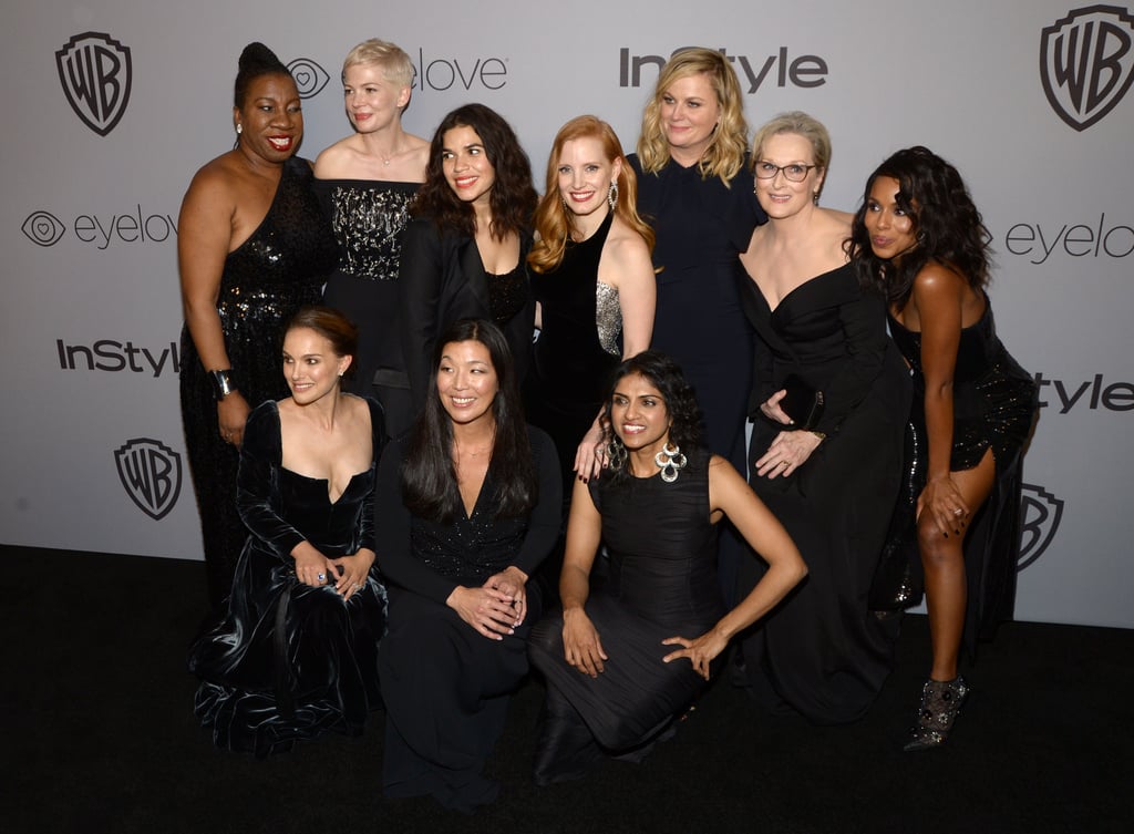 Pictured: Natalie Portman, Michelle Williams, America Ferrera, Jessica Chastain, Amy Poehler, Meryl Streep, Ai-jen Poo, and Saru Jayaraman