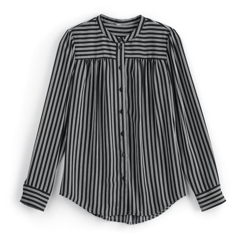 Silky Shirred Button Up in Jet Black/Pristine Stripe