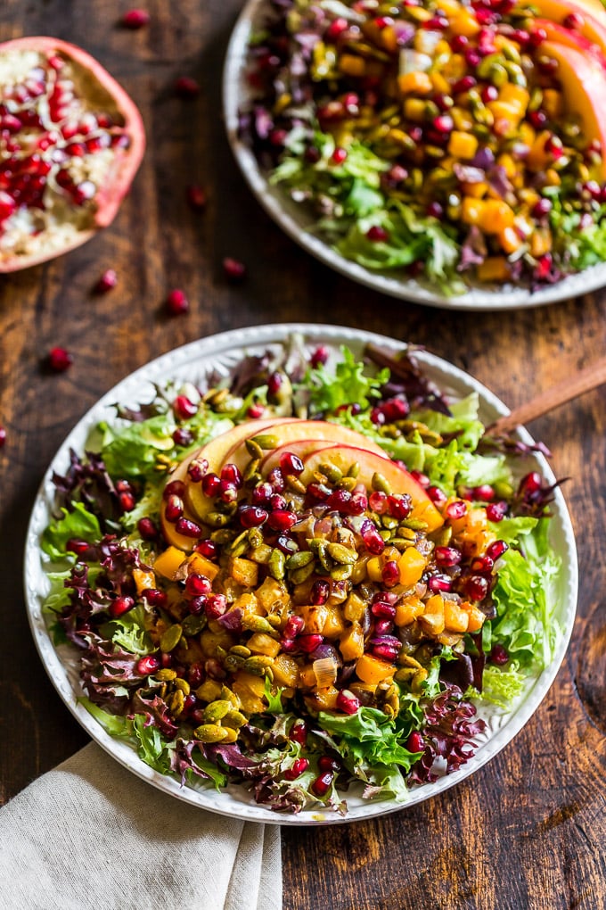 Roasted Butternut Salad With Pomegranates and Creamy Curry Dressing