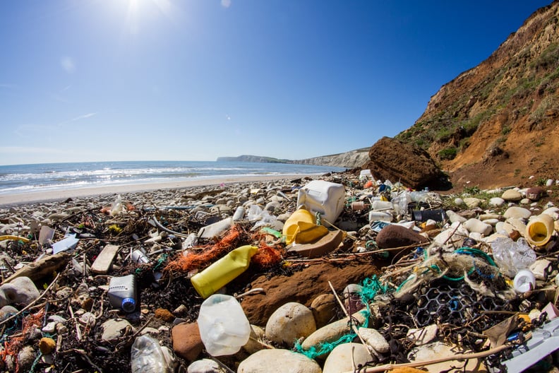 Product waste and packaging washed up on beach.