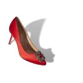 Manolo Blahnik Hangisi Red Satin Jewel Buckle Pumps