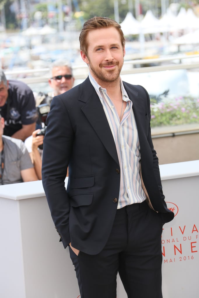 Ryan Gosling jetted off to the South of France, and the actor popped up at the Cannes Film Festival looking as dreamy as ever. The actor, who welcomed his second child with Eva Mendes, pulled double duty, popping up at both a press conference and photocall for his film, The Nice Guys, with costar Russell Crowe. Shortly after his surprise baby news broke, the star stopped by Jimmy Kimmel Live!, where he wore a "wildly inappropriate suit", teamed up with Will Ferrell for a hilarious "Knife Guys" skit, and let a lucky fan straddle him on the floor. The actor also appeared on The Elllen DeGeneres Show, where he told a sweet story about daughter Esmeralda. Keep reading for more photos, and then flip through the cutest pictures from the festival.