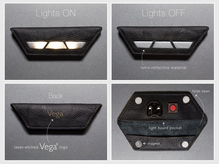 How is it made, you ask? From laser-cut leather, that's how. Using four strong magnets, it snaps securely to your clothes and comes with a thin strip of retroreflective fabric for extra visibility. Oh, and the battery can last up to 20 hours.
Practical and stylish — does it get any better? 
Source: Vega Edge