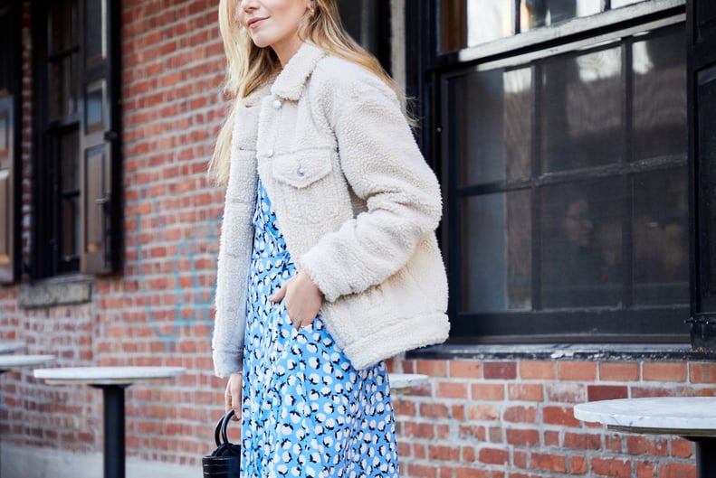The Fuzzy-Coat Outfit Formula: Sherpa Jacket + Dress + Faux-Croc Accessories