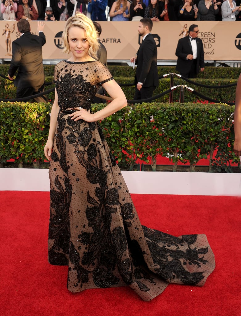 Rachel's sparkling short sleeve Elie Saab gown was a hit at the SAG Awards. She played up the glow with diamond jewels.