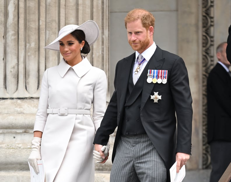 LONDON, ENGLAND - JUNE 03: Meghan, Duchess of Sussex and Prince Harry, Duke of Sussex attend the National Service of Thanksgiving at St Paul's Cathedral on June 03, 2022 in London, England. The Platinum Jubilee of Elizabeth II is being celebrated from Jun