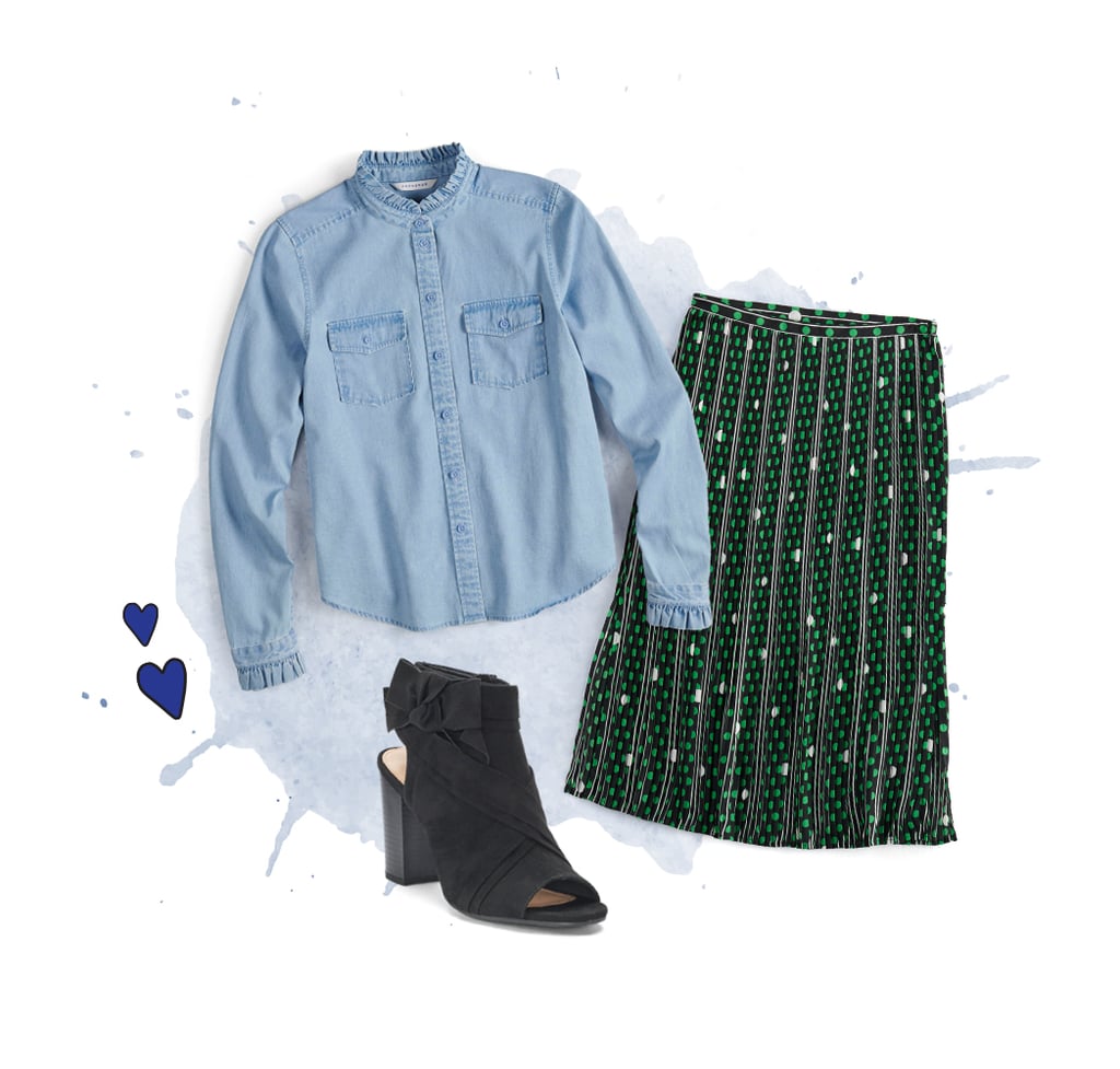 Ruffled Chambray Button-Down with a Graphic Midi Skirt