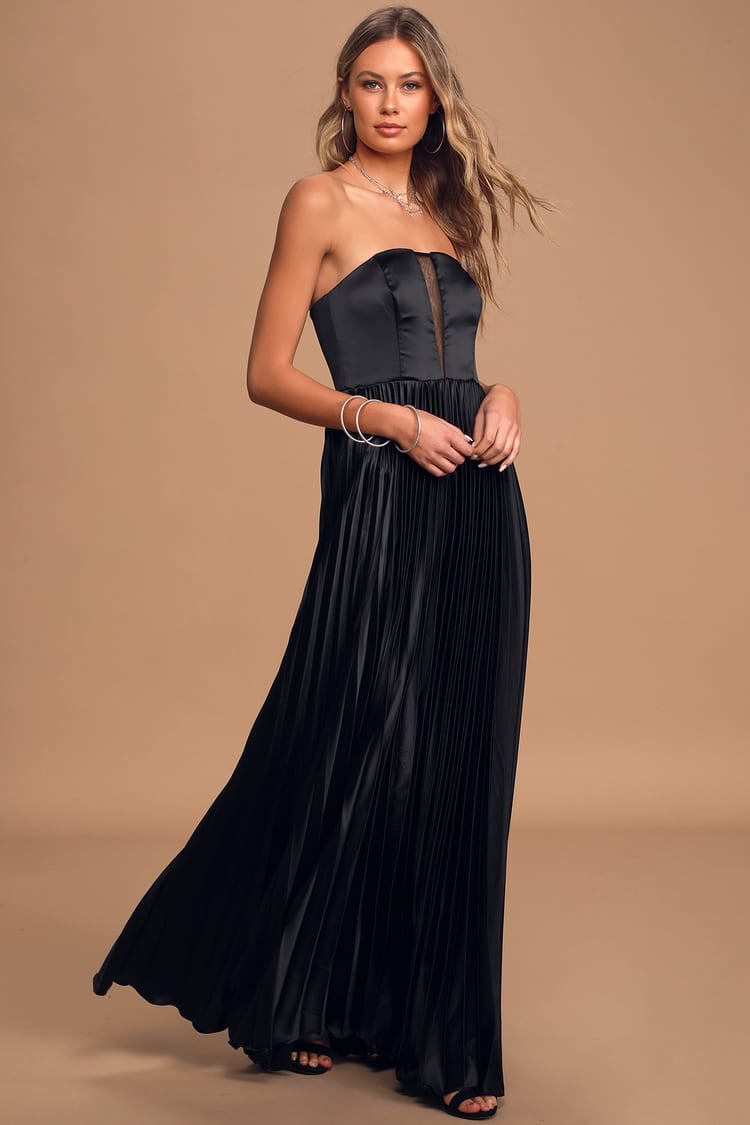 Lulus Always Be My Love Black Satin Strapless Pleated Maxi Dress