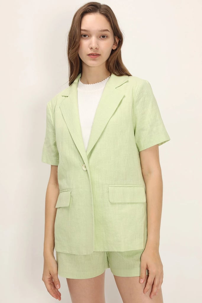 Storets Ariella Linen Blazer ($76) and Storets Ariella Linen Pintuck Shorts ($35)