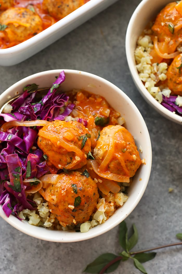Red Coconut Curry Meatballs With Cauliflower Rice