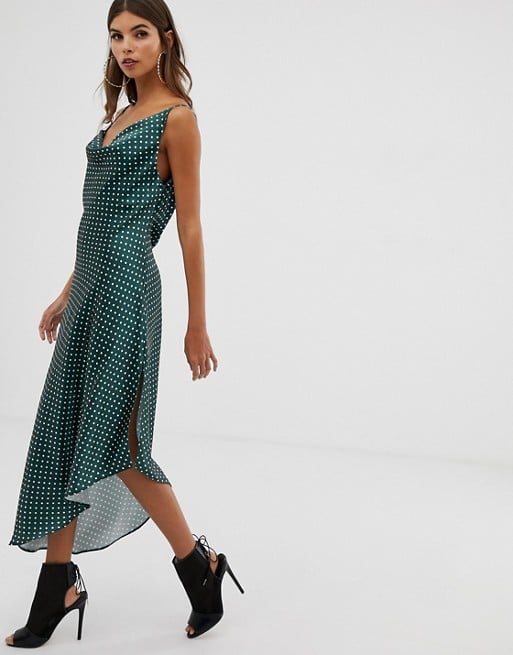 ASOS Design Midi Slip Dress in High Shine Satin in Polka Dot