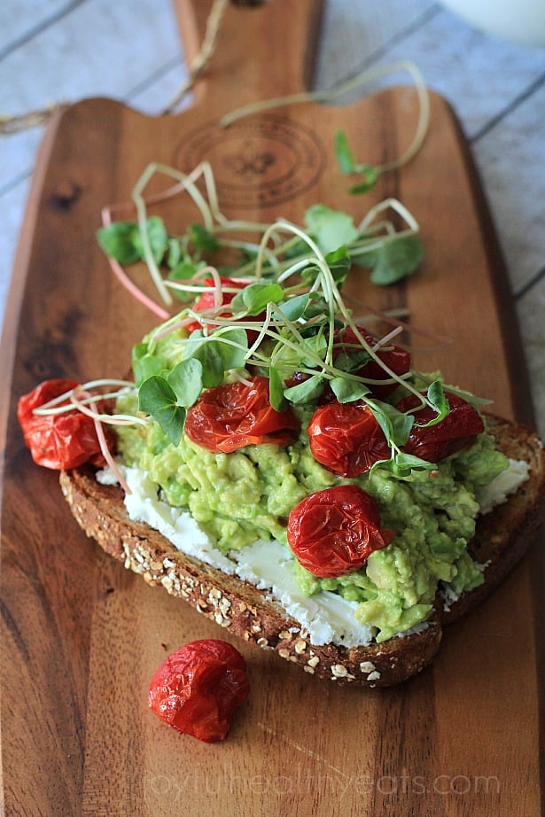 Mashed Avocado, Goat Cheese Sandwich With Roasted Cherry Tomatoes