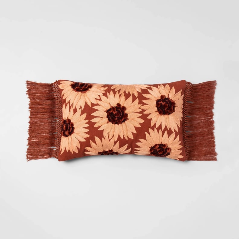 Oversize Lumbar Embroidered Sunflower Pillow in Berry