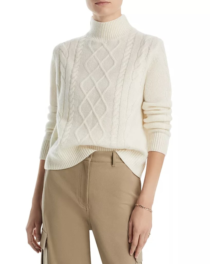 Aqua Mock Neck Cable Cashmere Sweater