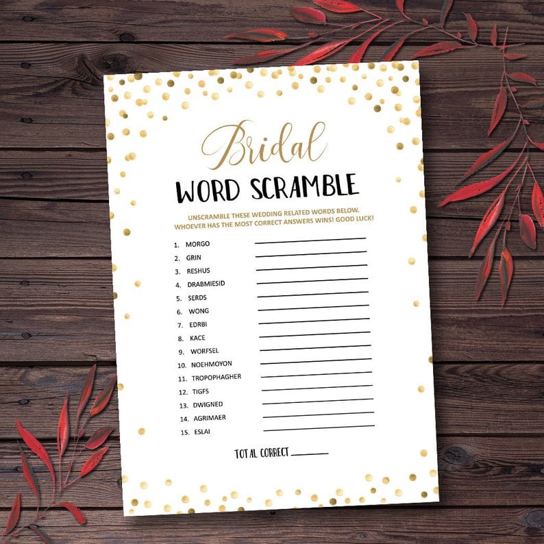 Printable Bridal Shower Word Scramble With Answers