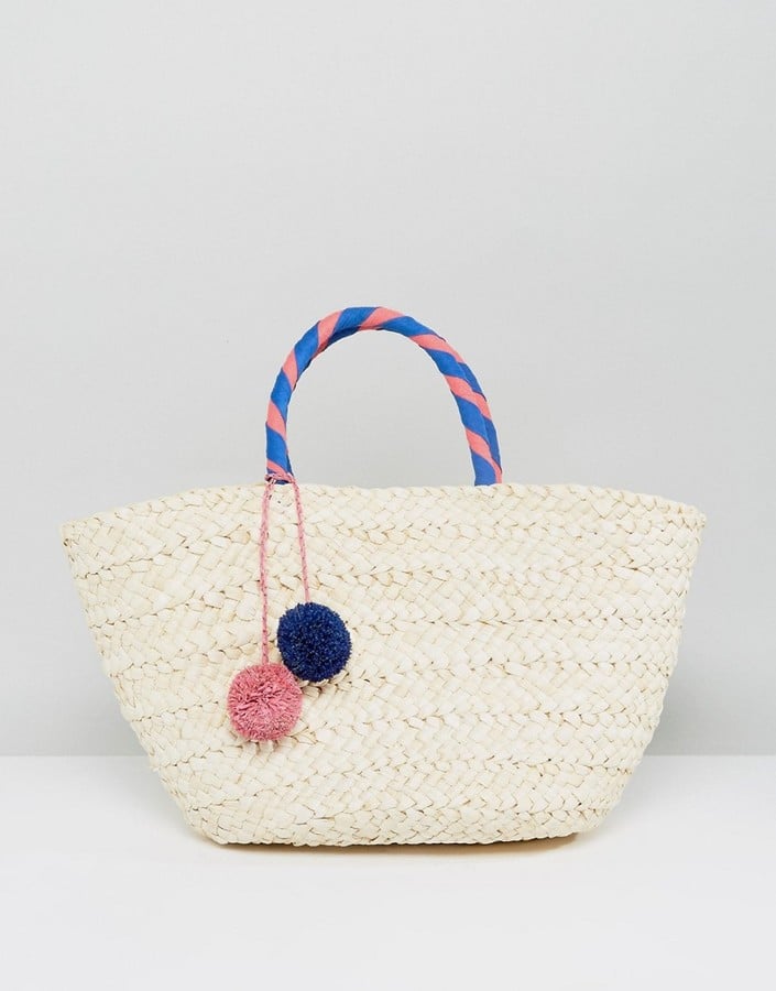 South Beach Wrapped Handle Straw Beach Bag With Pom