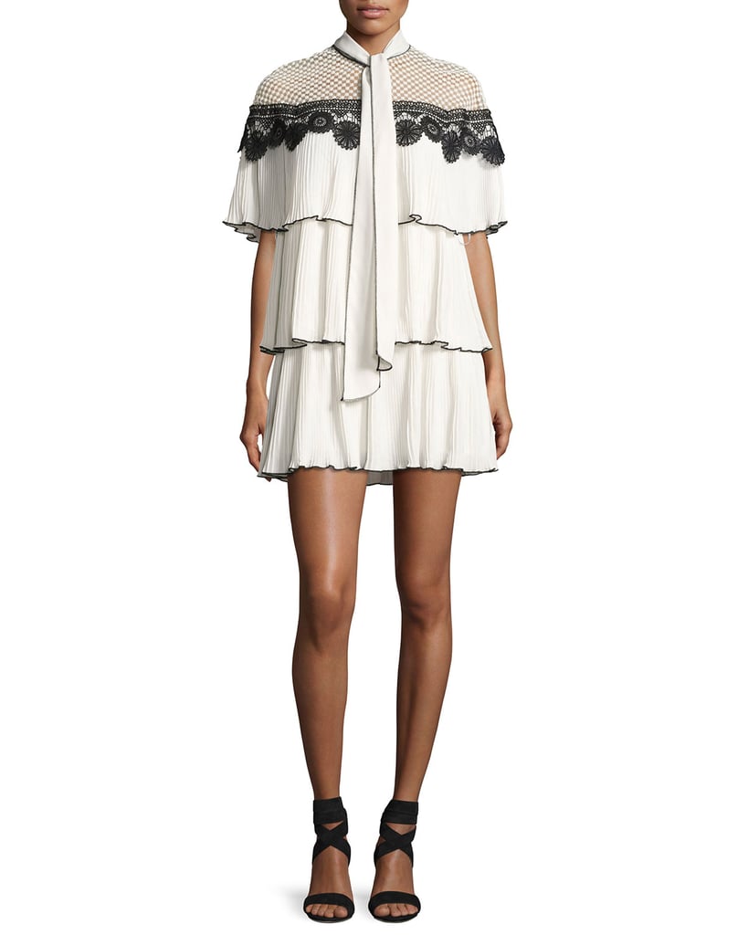 Self-Portrait Cape Monochrome Pleated Gazar Cocktail Dress