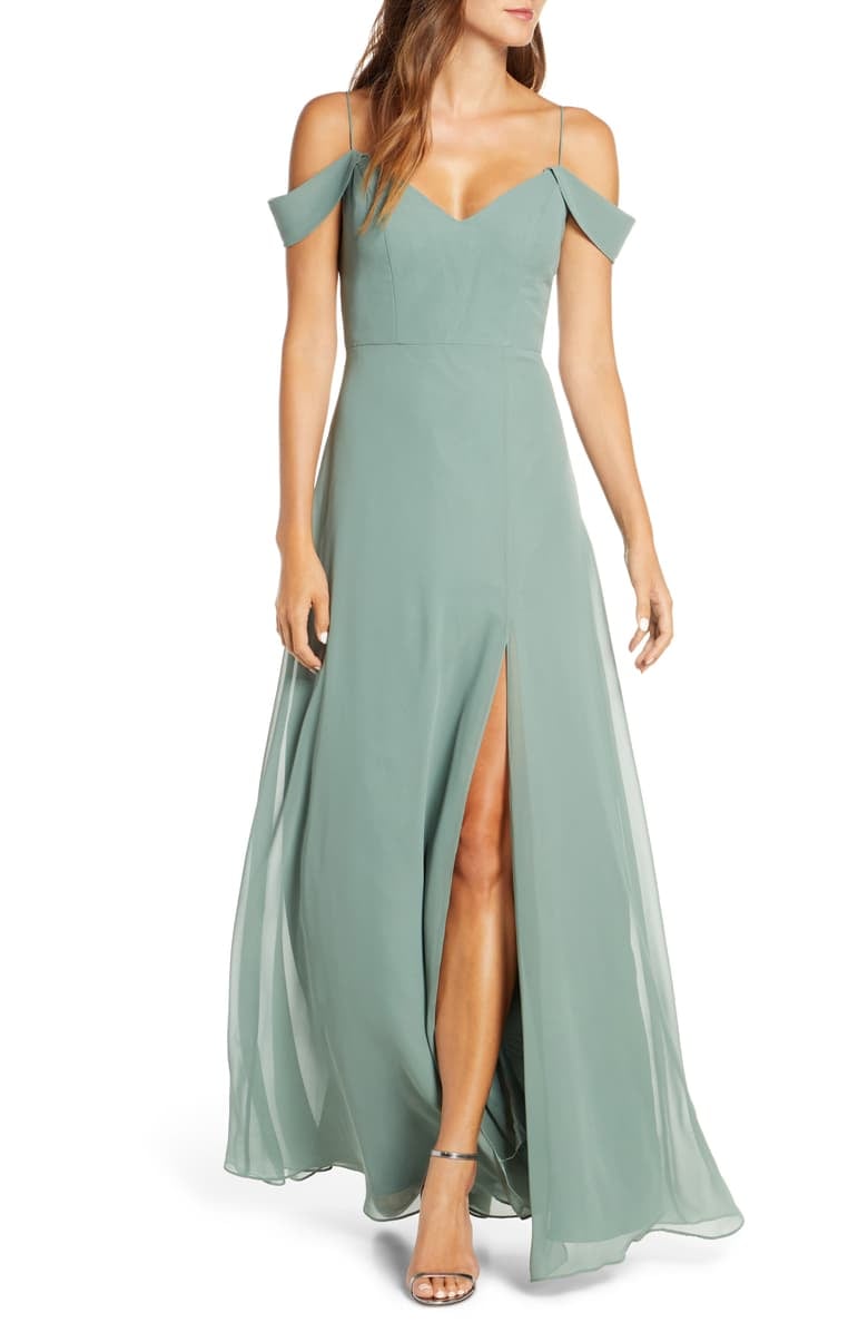 Jenny yoo cold hotsell shoulder chiffon gown