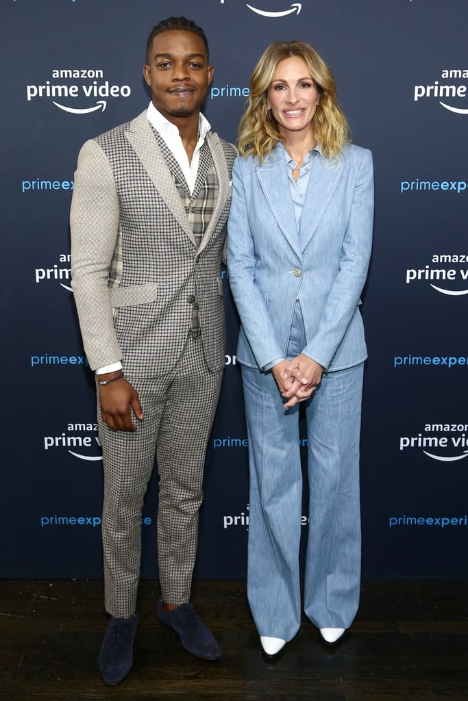She was all smiles in a baby blue Sandro pantsuit at the Homecoming press tour.