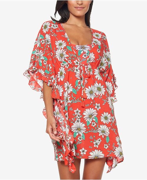 Jessica Simpson Printed Ruffle-Sleeve Cover-Up