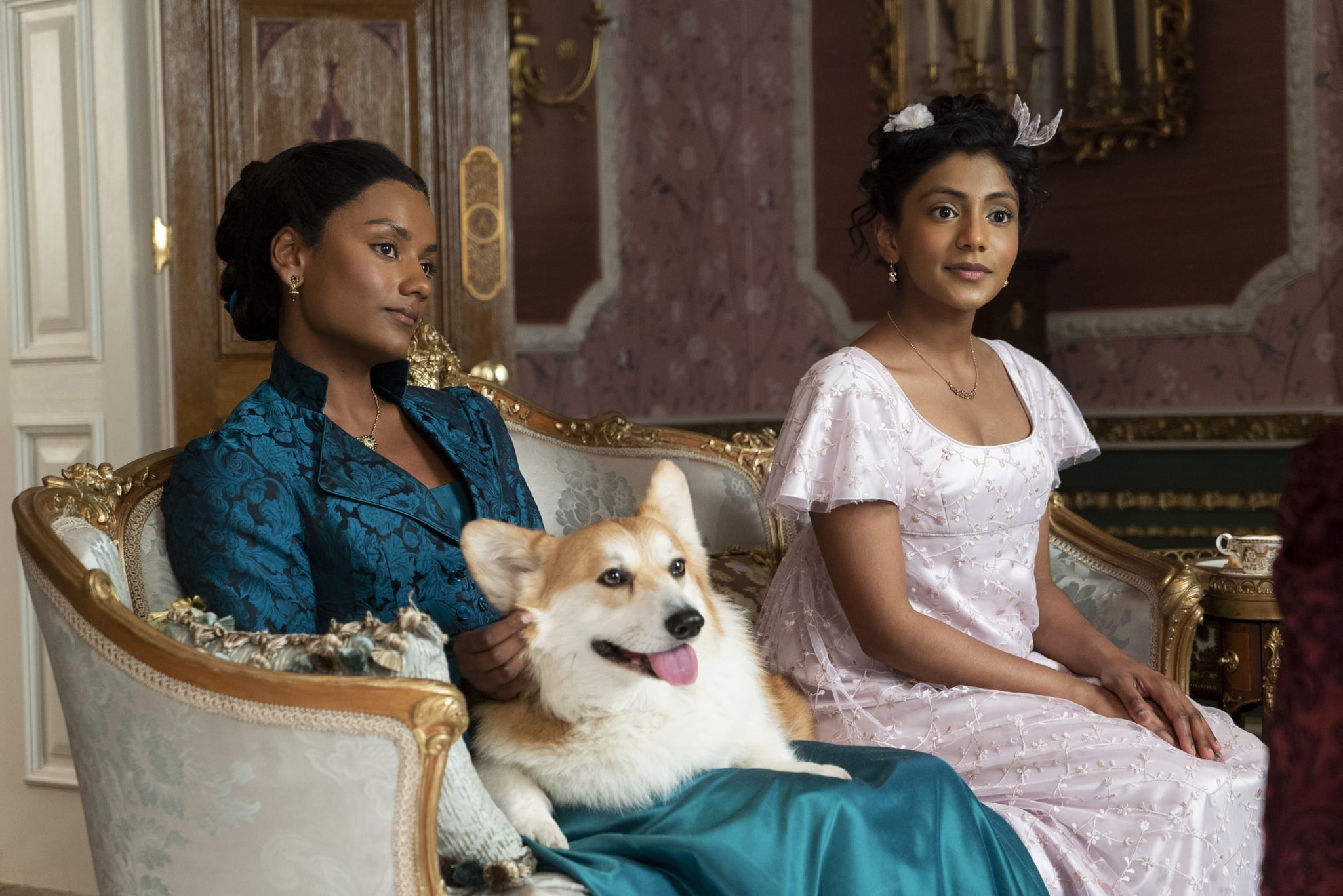 BRIDGERTON, from left: Simone Ashley, Charithra Chandran, Capital R Rake', (Season 2, ep. 201, aired March 25, 2022). photo: Liam Daniel / Netflix / Courtesy Everett Collection