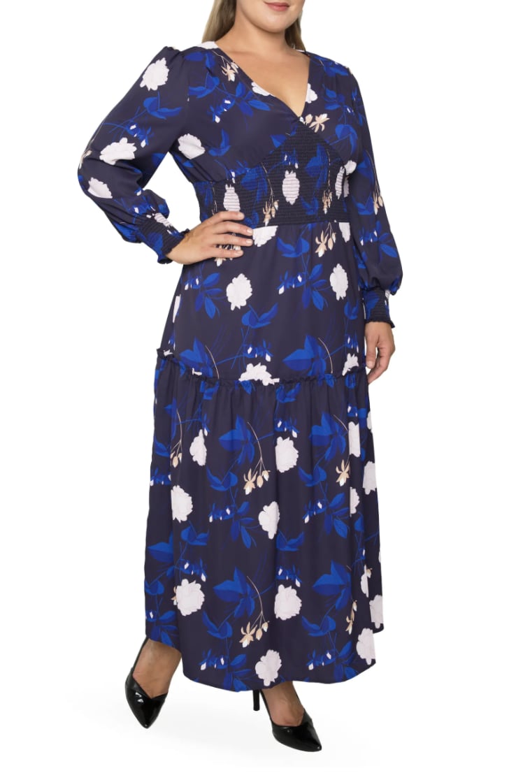 Standards & Practices Floral Smock Waist Long Sleeve Georgette Maxi Dress