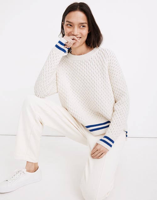 Stripe-Trim Honeycomb Pullover Sweater