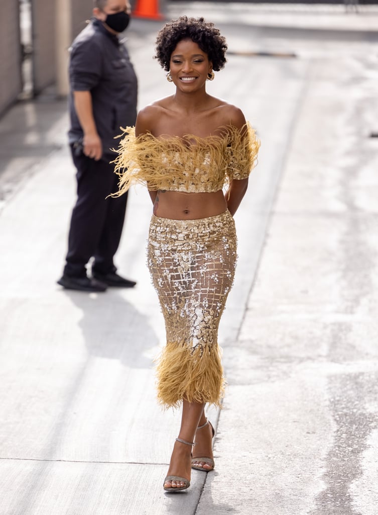 Keke Palmer Glows in This Feathered Georges Chakra Skirt Set