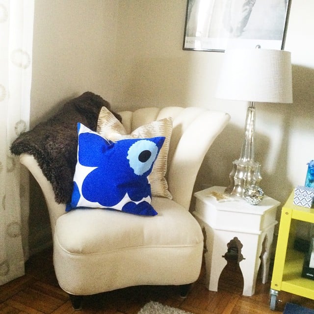 The finds: a bright pillow and a hexagonal end table.
The finds: a bright pillow and a hexagonal end table.