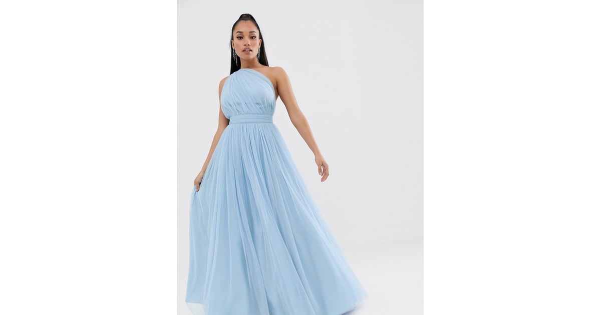 one shoulder tulle maxi dress